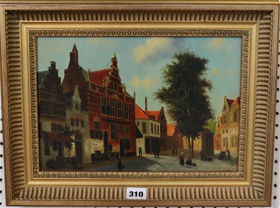 Style of Adrianus Eversen, oil on canvas, Dutch town scene with figures, indistinctly signed